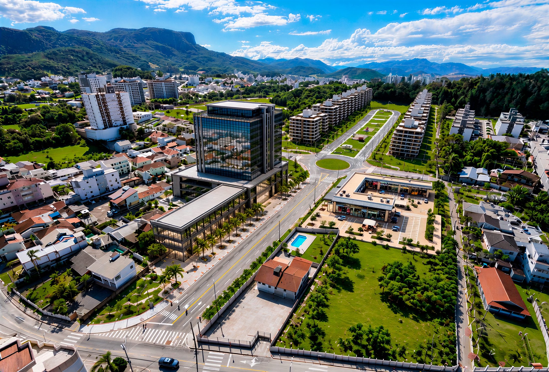 Vista aérea do Central Park com a Alameda de Serviços em primeiro plano e as ruas do mini bairro ao fundo