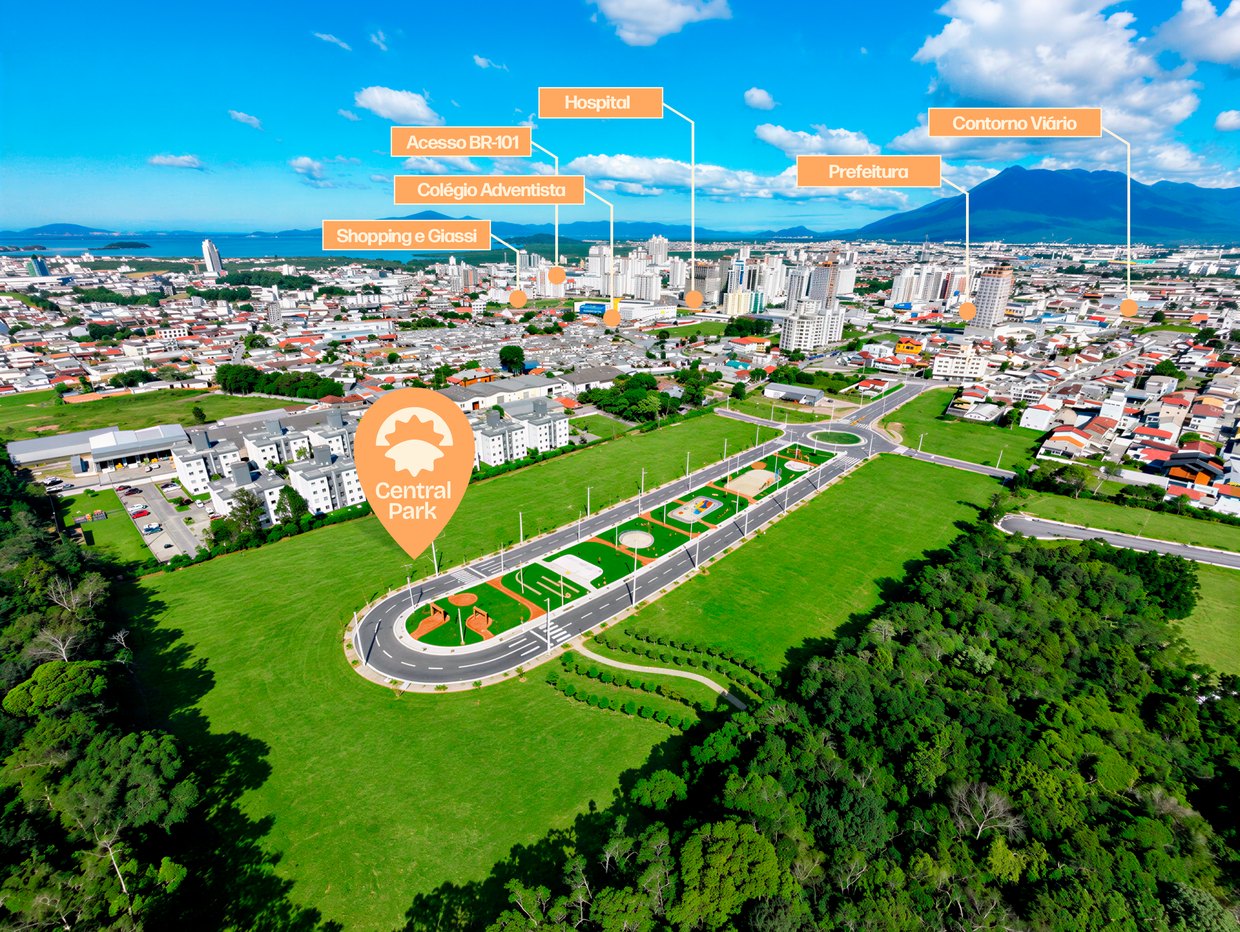 Vista aérea do Central Park em direção ao centro de Palhoça, com Prefeitura, hospital, colégios, acesso à BR-101 e Contorno Viário indicados